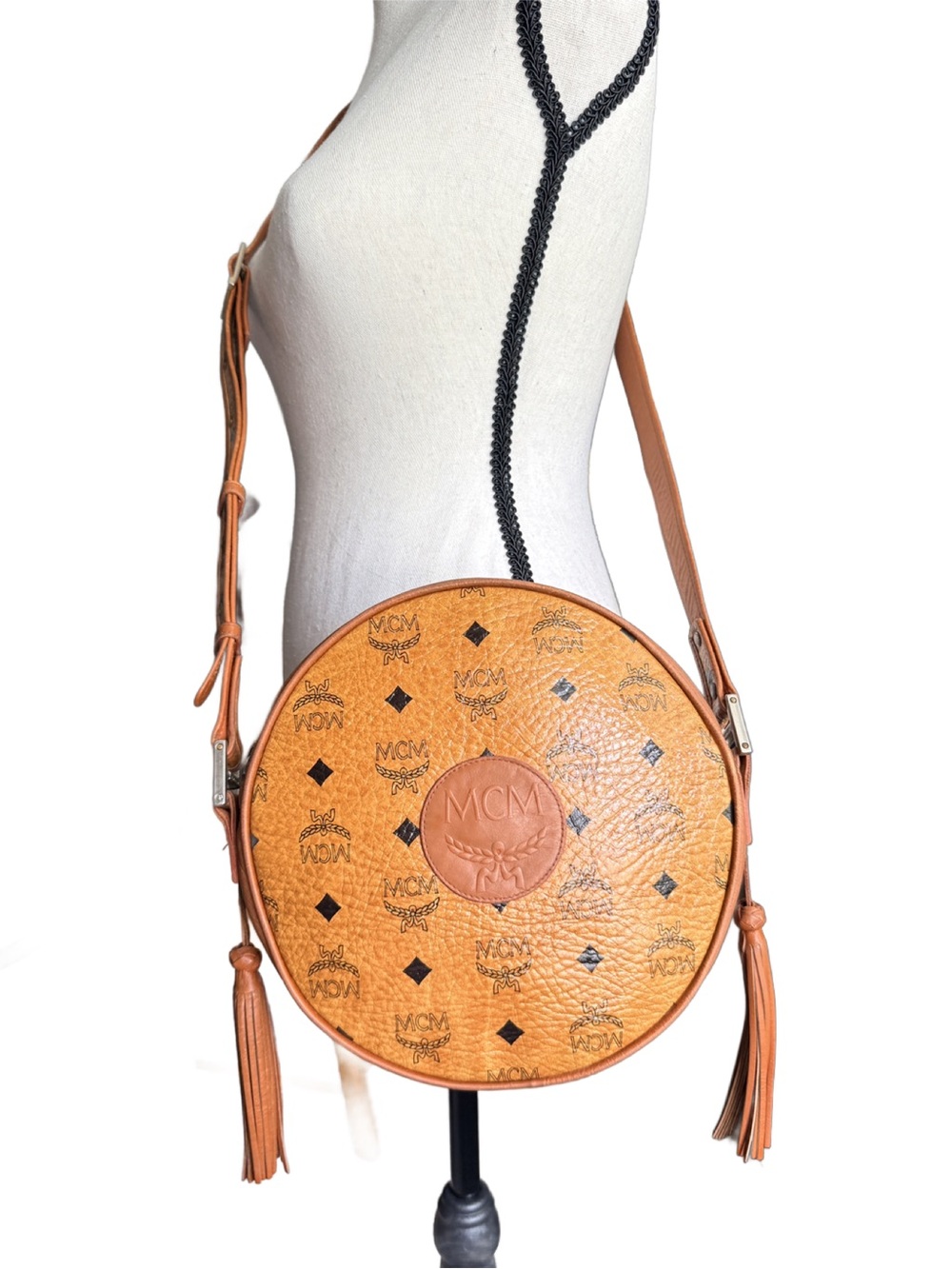 MCM Suzy Wong Cognac Visetos Round Leather Crossbody with Tassels Vintage Rare